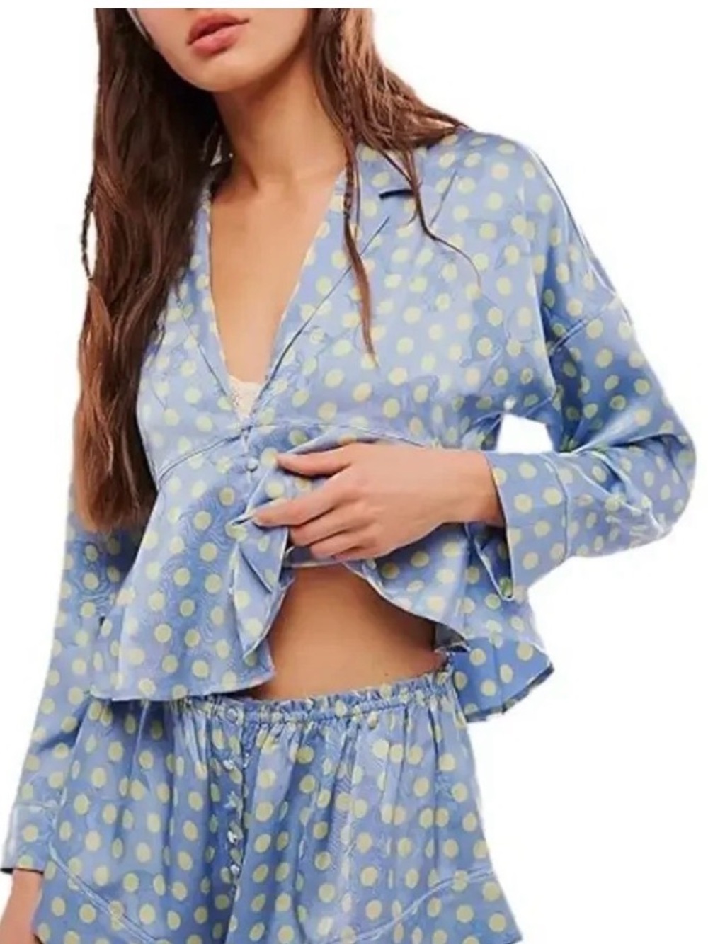 Free People Intimately Blue & yellow Polka Dot Satin effect Blouse Fairy Moth
